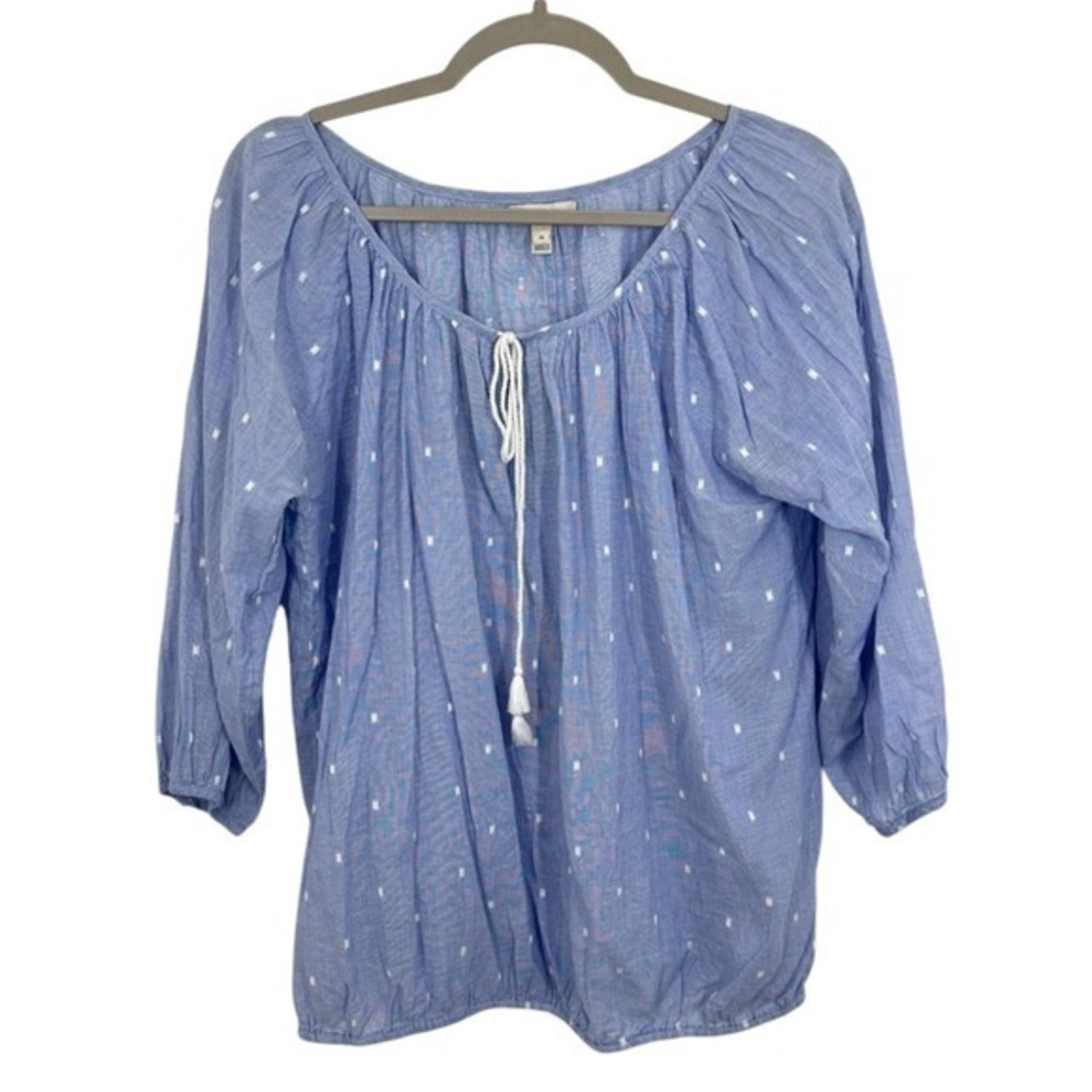 J. Crew Blue Peasant Top Polka Dot Gauzy Tie Neck Tassel‎ 3/4 Puff Sleeve Size M